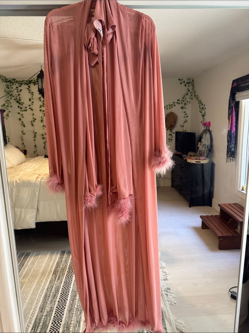 Fashion Nova Dusty Rose Feather Trim Long Robe